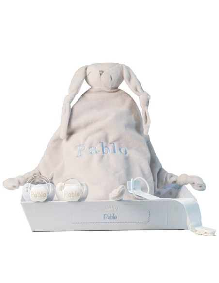 Pack Doudou y 2 chupetes personalizados con nombre del bebé con sujetachupetes